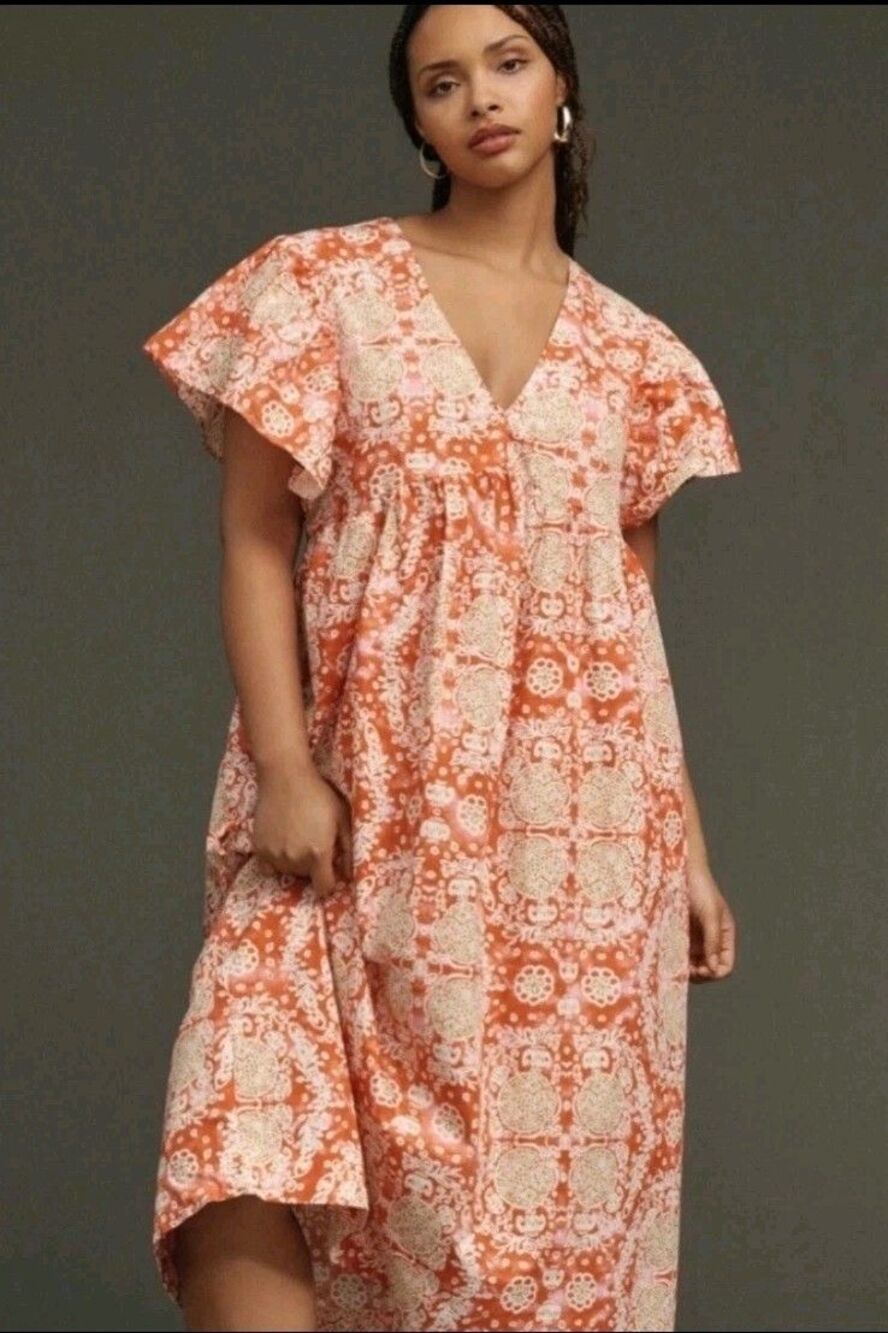 Anthropologie Coral and Cream Floral Midi Dress